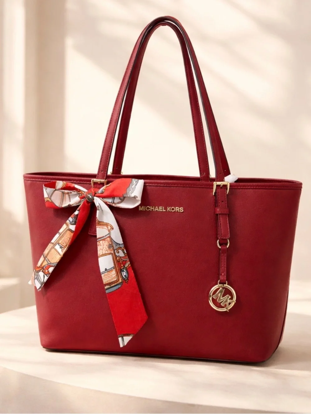 Michael Kors Burgundy Saffiano Leather Tote with Scarf Accent EUC - Picture 9 of 9